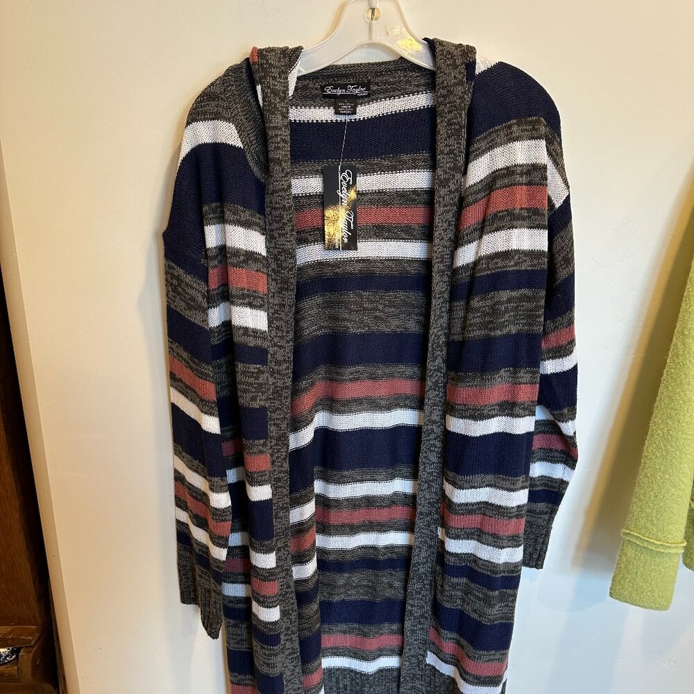 NEW Evelyn Taylor Open Long Hooded Striped Cardigan Size L